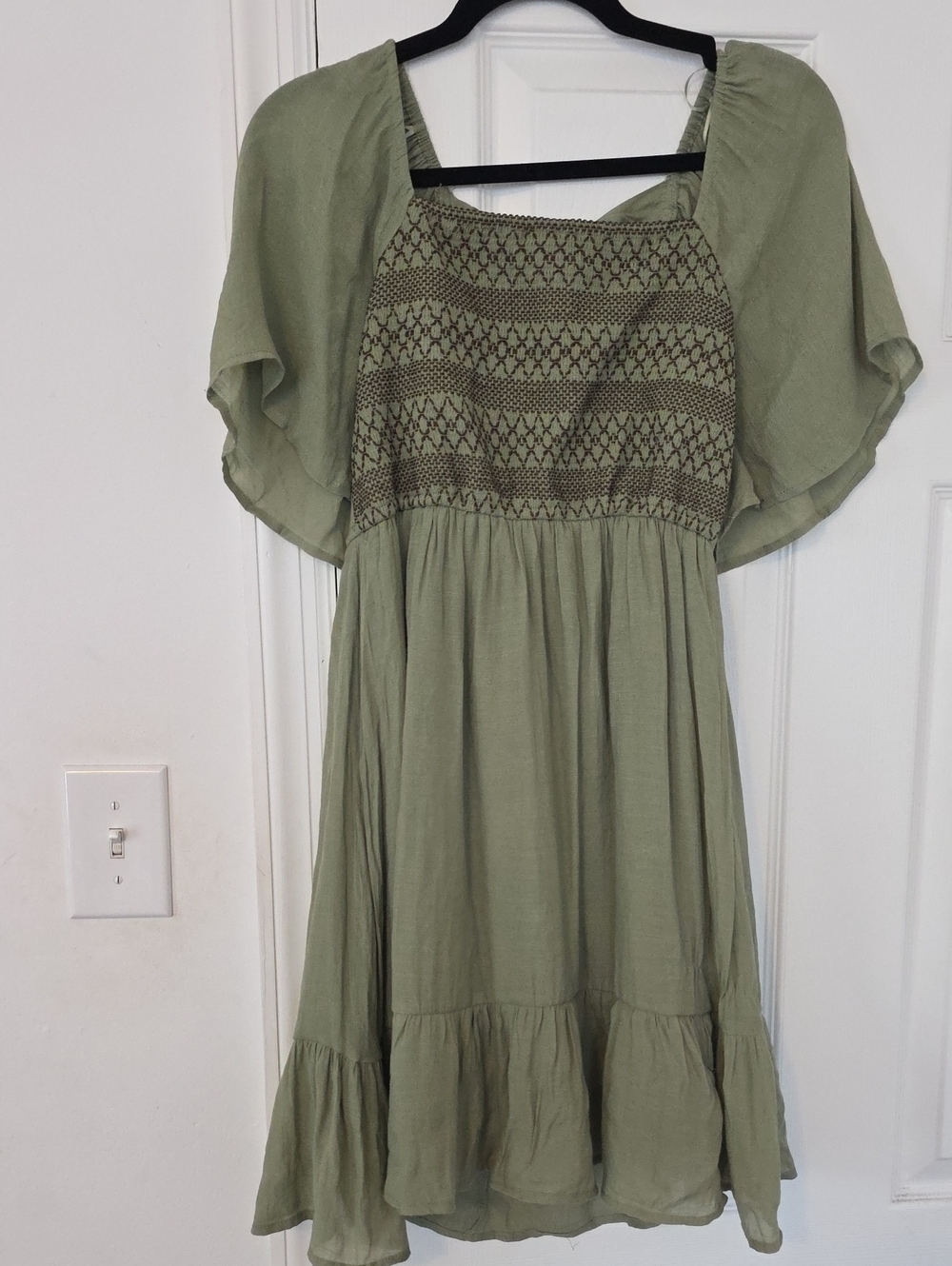 Blu Pepper Olive Green Smocked Midi Dress with Flutter Sleeves